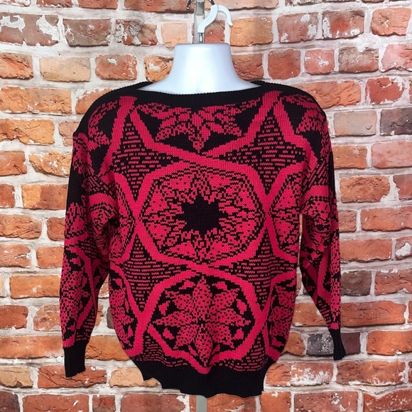 Vintage Sweaters - Vintage sweater bright pink and black all over print boat neck collar medium